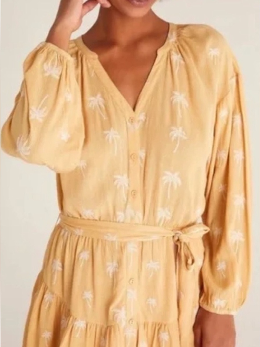 Z Supply Yellow Palm-Print Button-Front Long Sleeve Dress with Waist Tie